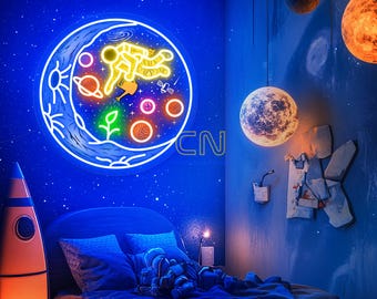 Astronaut Flying on Moon Neon Sign, UV Printing Acrylic Sign, Handmade Astronauta Neon Sign, Artwork Led Neon Sign, Space Neon Light