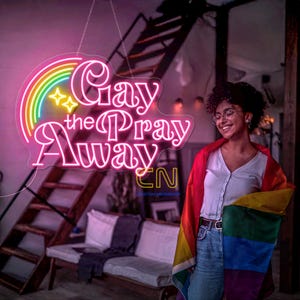 Gejowski neonowy znak „Pray Away” Znak gejowskiej dumy Zabawny cytat Znak gejowski Miesiąc dumy LGBTQ Prezent Duma lesbijska Światło LED Światło LGBTQ Znak tęczy