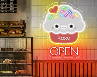 Cupcake Open LED Neon Sign, Cute Cupcake Neon Light, Bakery & Dessert Shop Decor, Sweet Treat Wall Art, Open Sign for Cafes and Shops