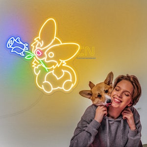 Corgi holding flower neon sign, corgi neon sign, corgi decor, custom neon sign, bedroom wall decor, corgi led sign, corgi gift