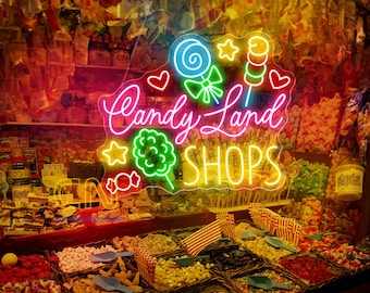 Enseigne néon LED Candy Land Shops, Néon pour magasin de bonbons, Décoration murale, Bonbons sucrés, Enseigne de magasin de desserts, Enseigne LED de confiserie