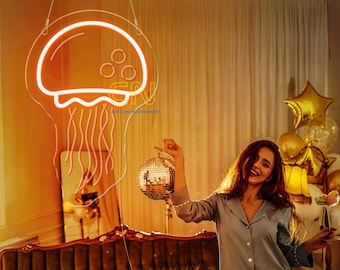 Jellyfish LED Neon Sign, Ocean Wall Decor, Marine Animal Neon Light, Kids Room or Bedroom Accent, Nautical Glow Neon Sign