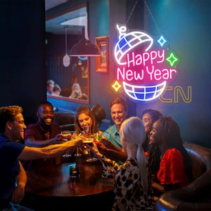 Happy New Year with Disco Ball Neon Sign, Disco Party Sign, Happy New Year Neon Sign, Christmas Led Light, Christmas Decor, New Year Decor
