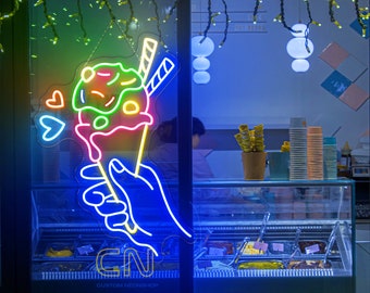 Hand Holding Ice Cream Neon Sign Ice Cream Cone Led Light Ice Cream Store Decor Sweet Frozen Desserts Led Light Hand Holding Gelato Led Sign