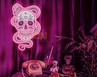 Custom Skull Head Neon Sign with Snake - Handmade Neon Light Art, Personalized Wall Decor, Aesthetic Gifts for Home or Room Decoration