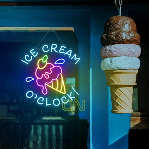 Ice Cream O&#39;Clock Neon Sign, Ice Cream Neon Sign, Business Ice Cream Sign, Ice Cream Led Signs, Ice Cream Bar Sign, Party Neon Sign Decor