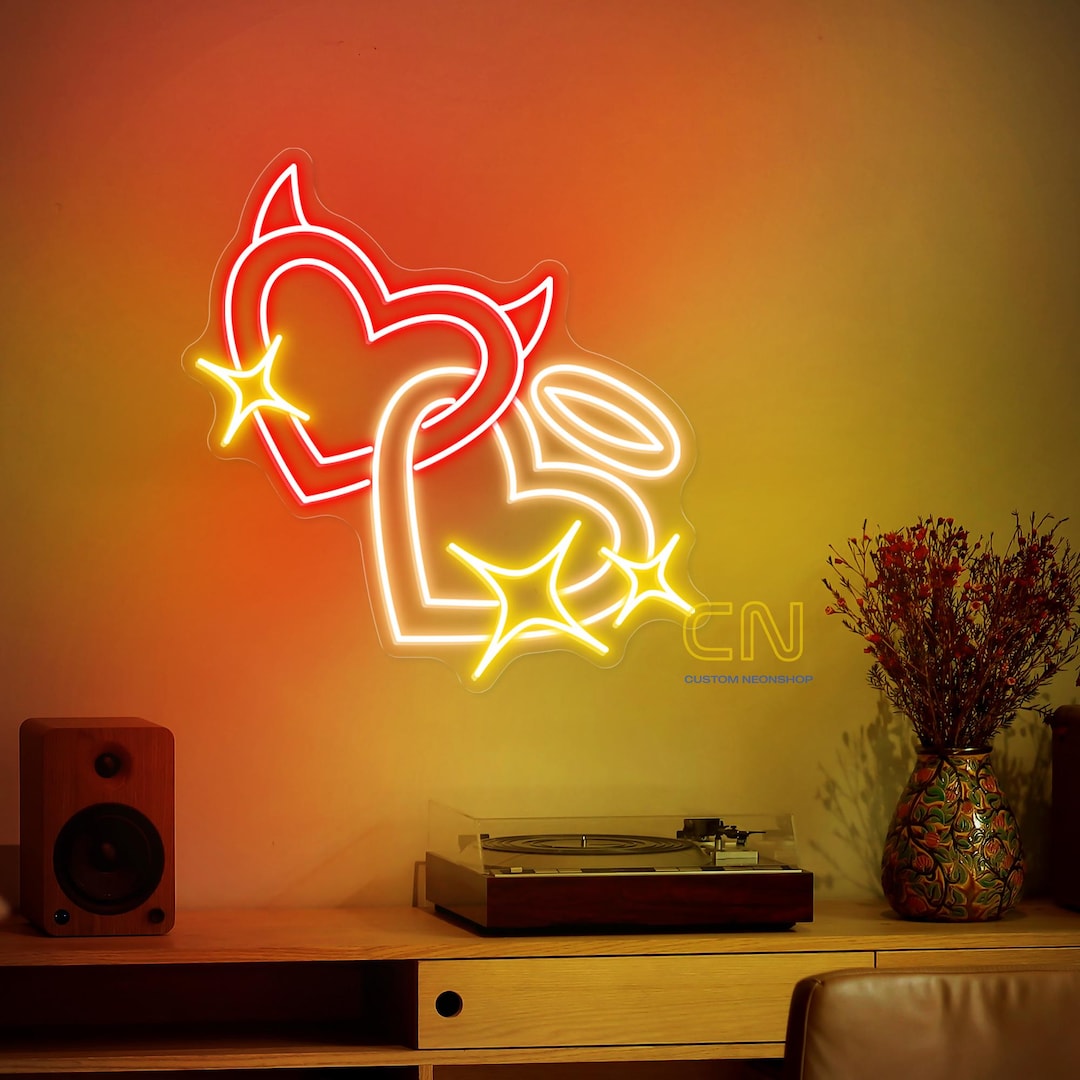 Angel and Devil Heart Custom Neon Sign, Angel Demon Led Neon Light
