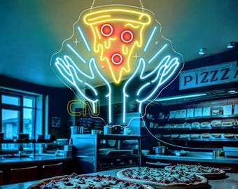 Holding Pizza LED Neon Sign, Pizza LED Neon Sign, Pizza Decor Wall Sign, Fast Food Neon Sign, Custom Neon Sign, Restaurant Decor Wall