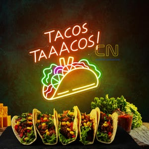 Neonreclame taco&#39;s taco&#39;s, Mexicaans decor lichtbord, keuken koffiebar en restaurant decor, tacoliefhebber, fastfood licht, bord Mexicaanse taco&#39;s