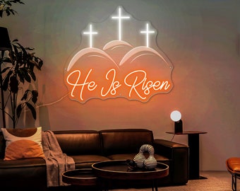 He Is Risen Neon Sign Cross Neon Sign Happy Easter Wall Decor Christian Cross Neon Light Religious Faith Neon Sign Jesus Engraving Neon Sign