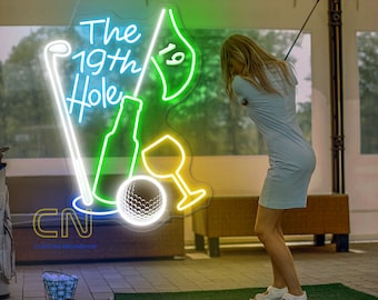 Enseigne néon de golf 19e trou Enseigne lumineuse de golf 19e trou Nom de magasin de golf personnalisé Enseigne homme des cavernes Art mural de golf Cadeau pour amateur de golf