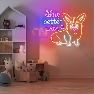 Versier je ruimte met Life Is Better met een Corgi-neonbord - perfect voor slaapkamer, kinderkamer of kinderkamer, en een heerlijk cadeau