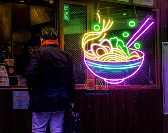 Letrero de neón de ramen, letrero de ramen japonés, letrero de neón de tazón de ramen, deliciosos fideos voladores, fideos japoneses personalizados para restaurante, letrero de ramen