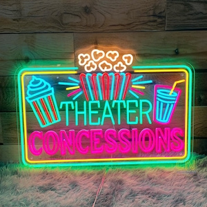 Theater Concessions Neon Sign Theater Room Decor Wall Decor Popcorn Drinks LED Neon Sign Cinema Food Bar Neon Sign Snack Bar Decor Gift