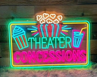 Theater Concessions Neon Sign Theater Room Decor Wall Decor Popcorn Drinks LED Neon Sign Cinema Food Bar Neon Sign Snack Bar Decor Gift