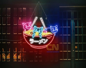 Ramen Cat Neon Sign,Cute Cat Sign,Kawaii Anime Decor,Handmade Sign,Japanese Decor,Room Dorm Wall Decor,Noodle Cat,Ramen Noodles,Valentine