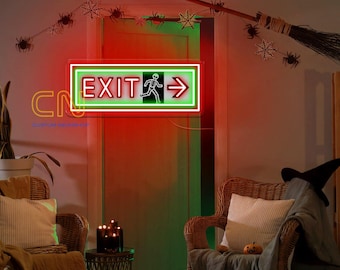 Enseigne lumineuse LED néon squelette « Sortie de secours », décoration murale effrayante pour Halloween, décoration de fête squelette, enseigne gothique pour Halloween, décoration pour maison hantée