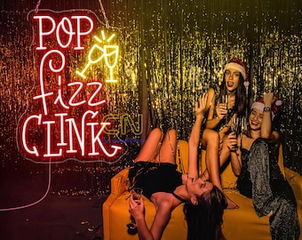 Pop Fizz Clink Neon Sign, Pop Fizz Clink LED Light, Champagne Wall Art, Christmas Eve Party Decor, Merry Xmas Neon Light, Home Bar Led Art
