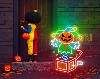 Enseigne lumineuse LED néon « Clown citrouille dans sa boîte », décoration murale clown d'Halloween, décoration murale cirque effrayante, décoration de chambre d'Halloween terrifiante, néon inspiré du carnaval