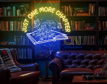 Just One More Chapter with Engraved Flower Neon Sign, Book Lover Gift, Book Room Decor, Gifts for Bookworms, Book Reader Sign, Book Wall Art