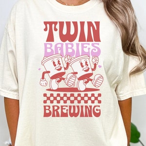 Comfort Colors Twin Babies Brewing Shirt, Funny Coffee Pregnancy Announcement Shirt, Retro Pregnant T-shirt Baby Is Brewing Maternity Tee