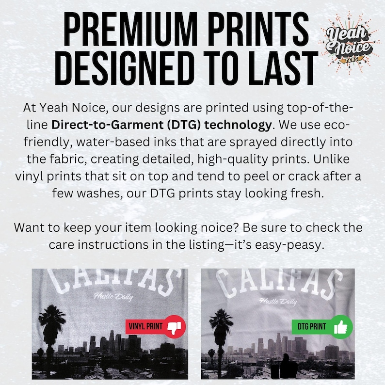 May include: Two images comparing different printing methods for t-shirts. The left image shows a t-shirt with a vinyl print that is peeling and cracking. The right image shows a t-shirt with a DTG print that is smooth and fresh. The text on the t-shirts reads "CALITAS Hustle Daily".