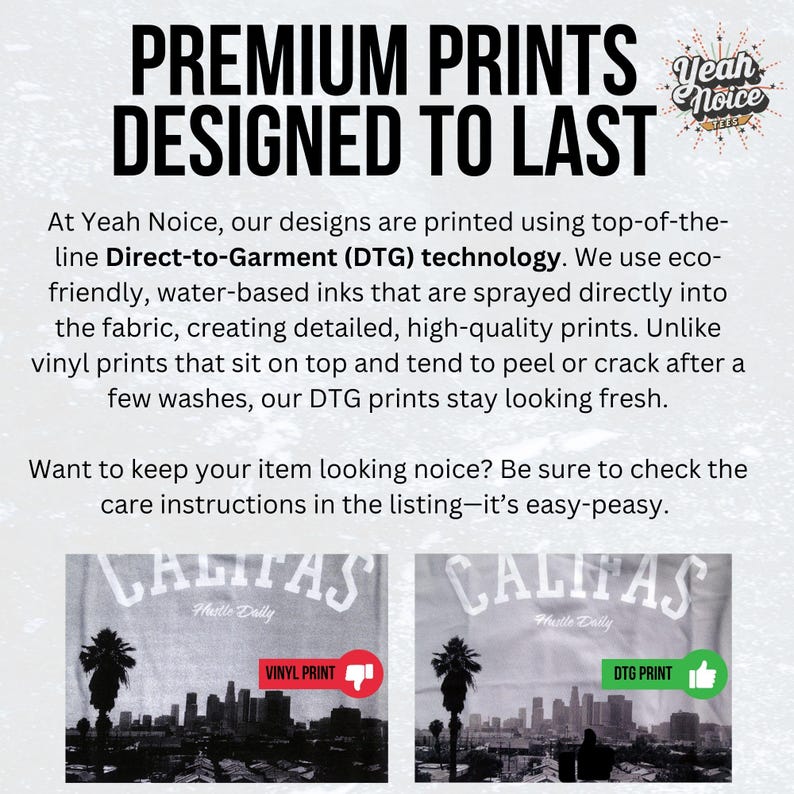 May include: Image with the text "PREMIUM PRINTS DESIGNED TO LAST" and "Yeah Noice" logo. The text explains the use of Direct-to-Garment (DTG) technology for printing, highlighting its durability compared to vinyl prints. Includes a comparison of vinyl and DTG prints.