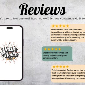 Op de afbeelding: Afbeelding met klantbeoordelingen. Het woord "Reviews" staat bovenaan. Een smartphone toont het logo "Yeah Noice Tees". Getuigenissen met 5-sterrenbeoordelingen benadrukken de uitstekende klantenservice en productkwaliteit van de verkoper.