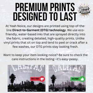 May include: Image promoting premium prints designed to last. Text explains Direct-to-Garment (DTG) technology for detailed, high-quality prints. Includes a comparison of vinyl and DTG prints, with the text "CALITAS" and "Hustle Daily".