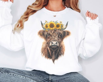 Sudadera con estampado floral de vaca de las Tierras Altas / Cuello redondo para amantes de los animales