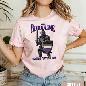 Puede incluir: Una camiseta rosa con un gr&aacute;fico de un caballero sosteniendo una espada y un escudo. El escudo tiene los colores de la bandera del orgullo asexual. El texto en la camiseta dice "The Bloodline Ends With Me".