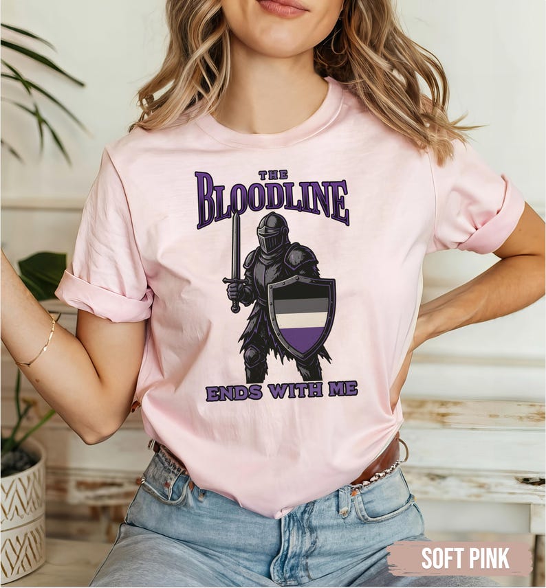 Puede incluir: Una camiseta rosa con un gr&aacute;fico de un caballero sosteniendo una espada y un escudo. El escudo tiene los colores de la bandera del orgullo asexual. El texto en la camiseta dice "The Bloodline Ends With Me".