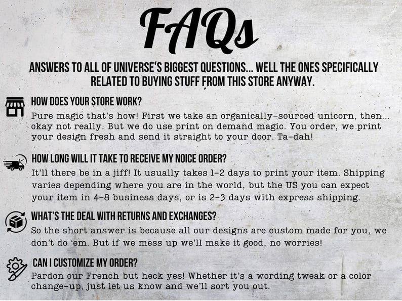 Pu&ograve; includere: Un grafico con il titolo "FAQs" in un font stilizzato. Il testo risponde alle domande sul funzionamento del negozio, tra cui come vengono elaborati gli ordini, i tempi di spedizione, i resi e le opzioni di personalizzazione. Lo sfondo &egrave; strutturato e bianco sporco.