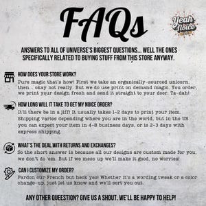 May include: A graphic with the word "FAQs" in a stylized font, along with answers to common questions about the store. The text is in black on a textured, off-white background. The logo "Yeah Noice" is in the upper right corner.