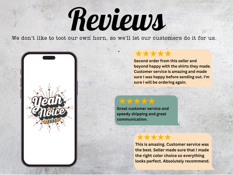 Pu&ograve; includere: Immagine che mostra le recensioni dei clienti. La parola "Reviews" &egrave; in alto. Uno smartphone mostra il logo "Yeah Noice Tees". Le testimonianze dei clienti con valutazioni a 5 stelle evidenziano esperienze positive con il prodotto e il servizio clienti.
