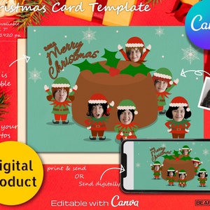May include: A digital Christmas card template featuring a cartoon illustration of elves surrounding a Christmas pudding. The text "2023 Merry Christmas" is at the top of the card. The template is editable with Canva and can be printed or sent digitally.