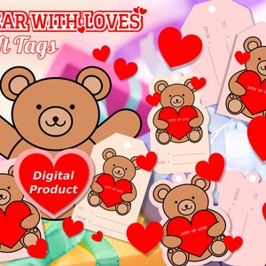Etiquetas de regalo con forma de oso, tarjeta de regalo imprimible, linda etiqueta para bolsa de regalo, plantilla de etiqueta para fiesta de San Valentín, etiqueta de mensaje digital de dos caras con corazón, etiqueta de regalo con amor