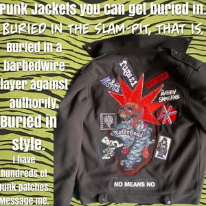 May include: Black leather jacket with a variety of punk rock band patches, including "Fugazi", "Misfits", "Motörhead", "Angry Samoans", and "No Means No".