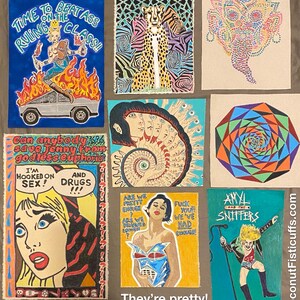 May include: Collection of hand-painted back patches with various designs. One patch features a cheetah with a zebra-striped background. Another depicts a woman in a comic book style. Other patches have text that reads "TIME TO BEAT ASS ON THE RULING CLASS!!" and "AMYL AND THE SNIFFERS".