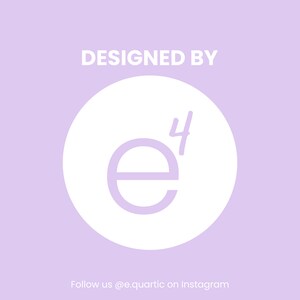 May include: White circle with the text "DESIGNED BY" above it. Inside the circle is a white "e" with a horizontal line through the middle and a superscript "4" above it. Below the circle is the text "Follow us @e.quartic on Instagram".