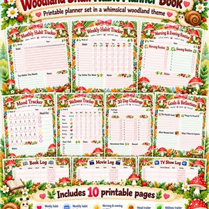 May include: A Woodland Snail Habit Planner Book printable set featuring ten pages with a forest theme. Each page includes red mushrooms, green leaves, and snail illustrations. The set includes trackers for habits, mood, wellness, goals, books, movies, and TV shows.