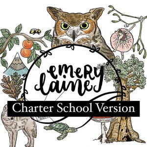 May include: A watercolor illustration of an autumn scene with a large owl, a mountain, a tree, a wolf, a turtle, a mushroom, and a ballerina. The text "emery laine Charter School Version an autumn journey" is written in a circle.