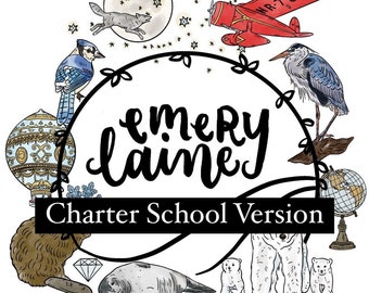 May include: Illustration with the text "emery laine Charter School Version" and "a Winter Journey". The image features a red airplane, a blue jay, a wolf, a hot air balloon, a beaver, a seal, polar bears, and a heron.