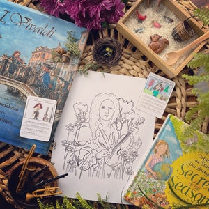 May include: A black and white coloring page featuring a portrait of Antonio Vivaldi playing a violin. The image is surrounded by flowers and leaves. The text "I, Vivaldi" is visible in the background.