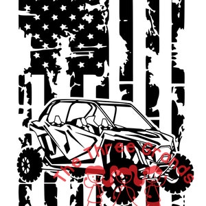 May include: Black and white silhouette of a side-by-side off-road vehicle with a distressed American flag background. The vehicle is partially obscured by the flag.