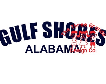 May include: A blue and white logo for Gulf Shores, Alabama, with the text "The Three Grands" and stick figure illustrations of three children. The text "Design Co." is below the logo.