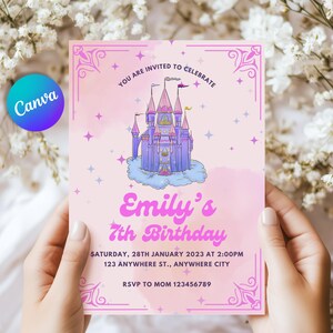 Purple & Pink Castle Invitation | Self-editable Canva Template | Princess Castle | Canva Invitation | Princess Invitation | Pink and Purple