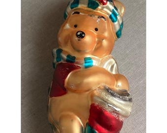 Vintage Disney Christmas Winnie The Pooh Blown Glass Stocking Ornament 5" s6