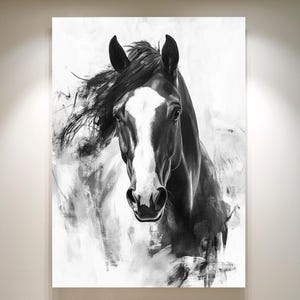 Impressão digital de cavalo em preto e branco, retrato equino ousado para download, arte de parede de animal dinâmica para amantes de cavalos, cabeça de cavalo elegante
