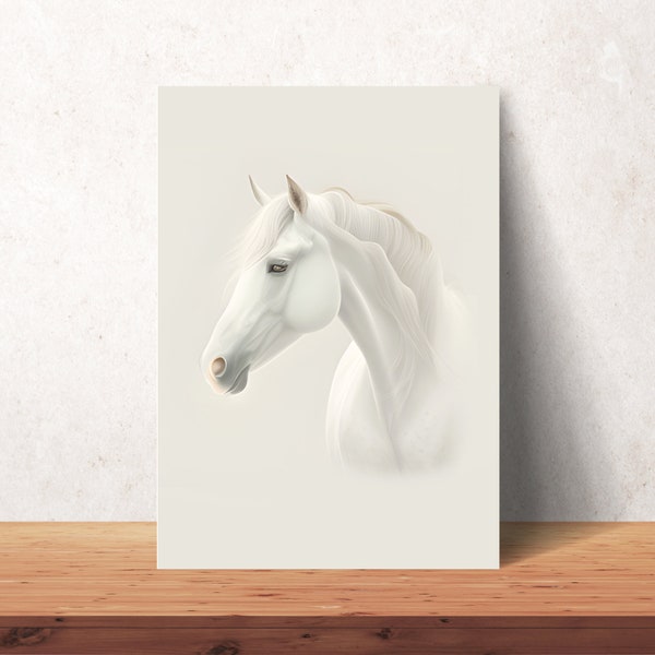 Beige Camargue horse poster, minimalist wall decoration, beige neutral tone equestrian print, horse riding poster, rider gift